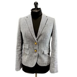 J. Crew Dalton Blazer Italian Linen Navy White Herring Bone Brass buttons Sz 2